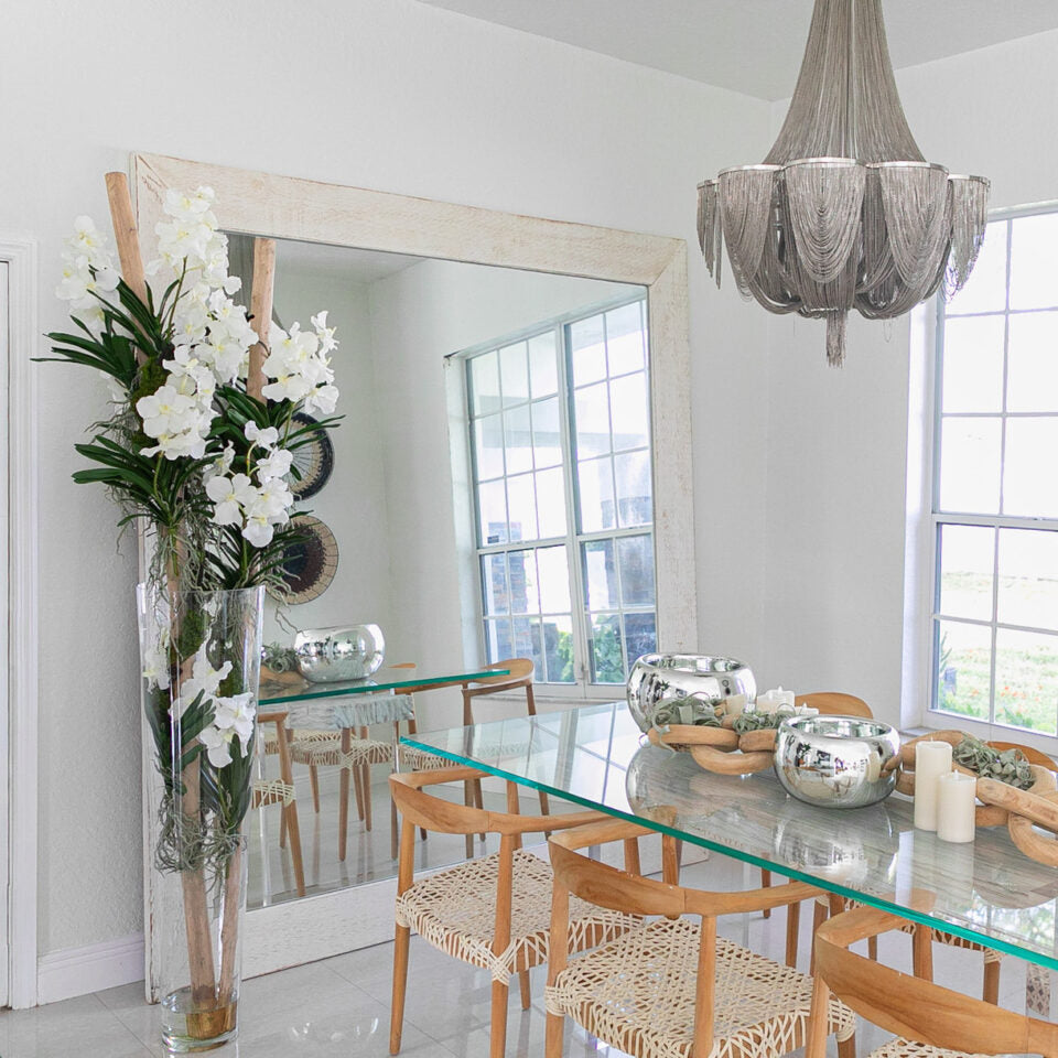 White Vanda Orchids with Driftwood in a Large Conical Glass Cylinder