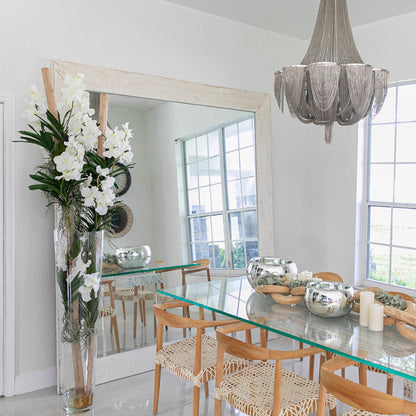 White Vanda Orchids with Driftwood in a Large Conical Glass Cylinder