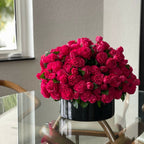Dark Pink English Roses in Black Glass Vase