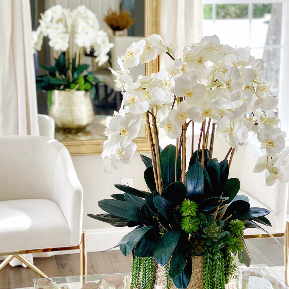 Delaney Gold Vase with Multiple Phalaenopsis Orchid Stems and Succulents