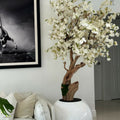 Shiny white globe vase with personalized cherry blossom tree
