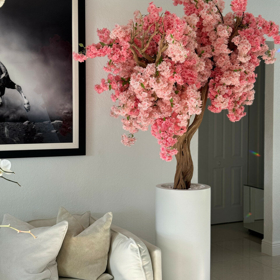 Matte White St. Tropez Vase with Personalized Pink Cherry Blossoms