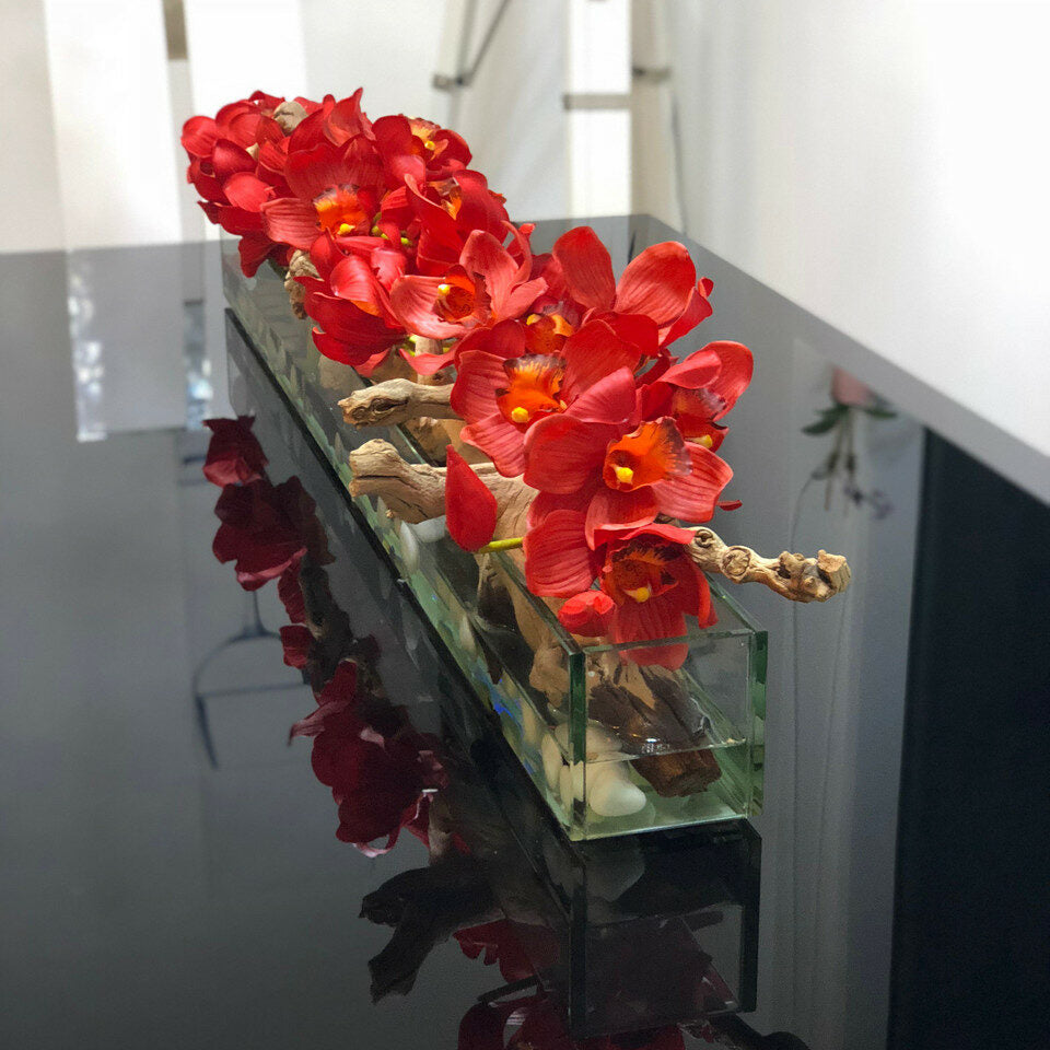 Modern Glass Plant Pot "Modern Home" 122 cm with Red Cymbidiums