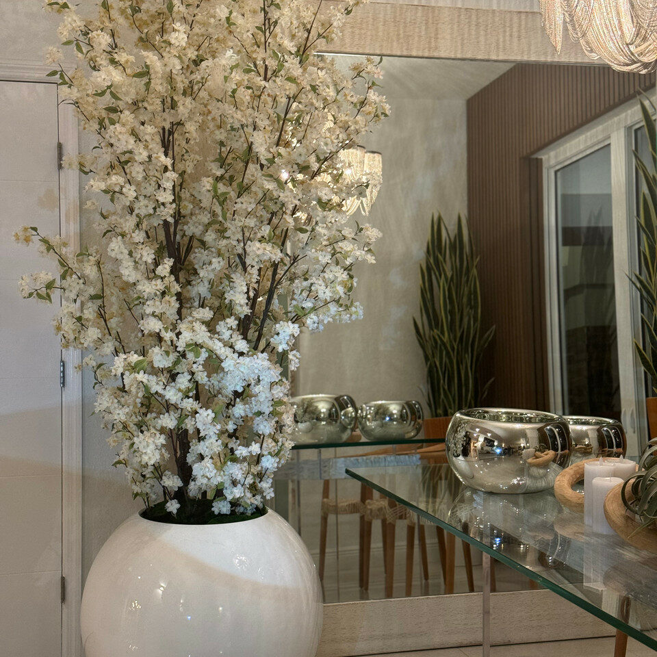 Glossy White Globe Vase with White Cherry Blossom Branches – 185 cm