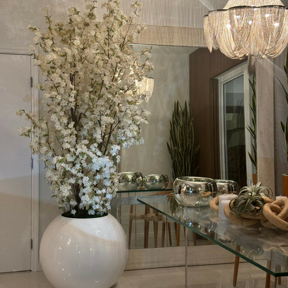 30" Glossy White Globe Vase with White Cherry Blossom Branches