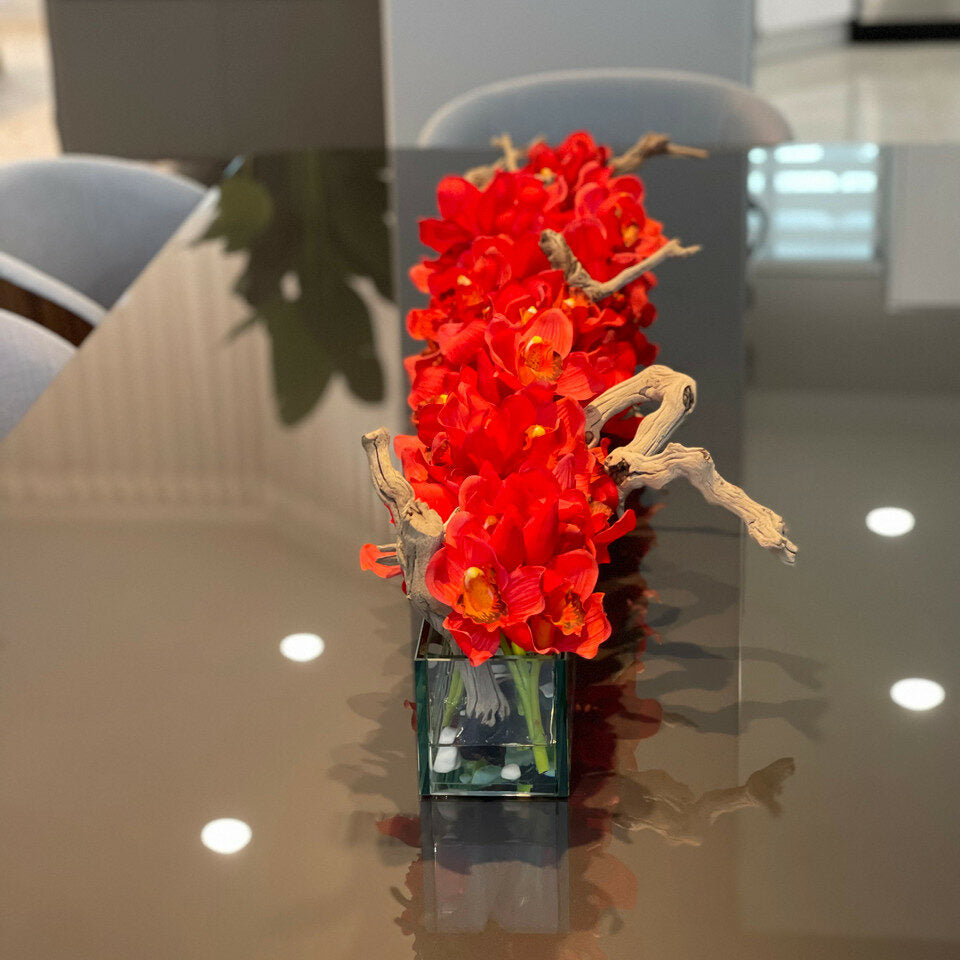 Modern House 48" Glass Planter with Red Cymbidiums