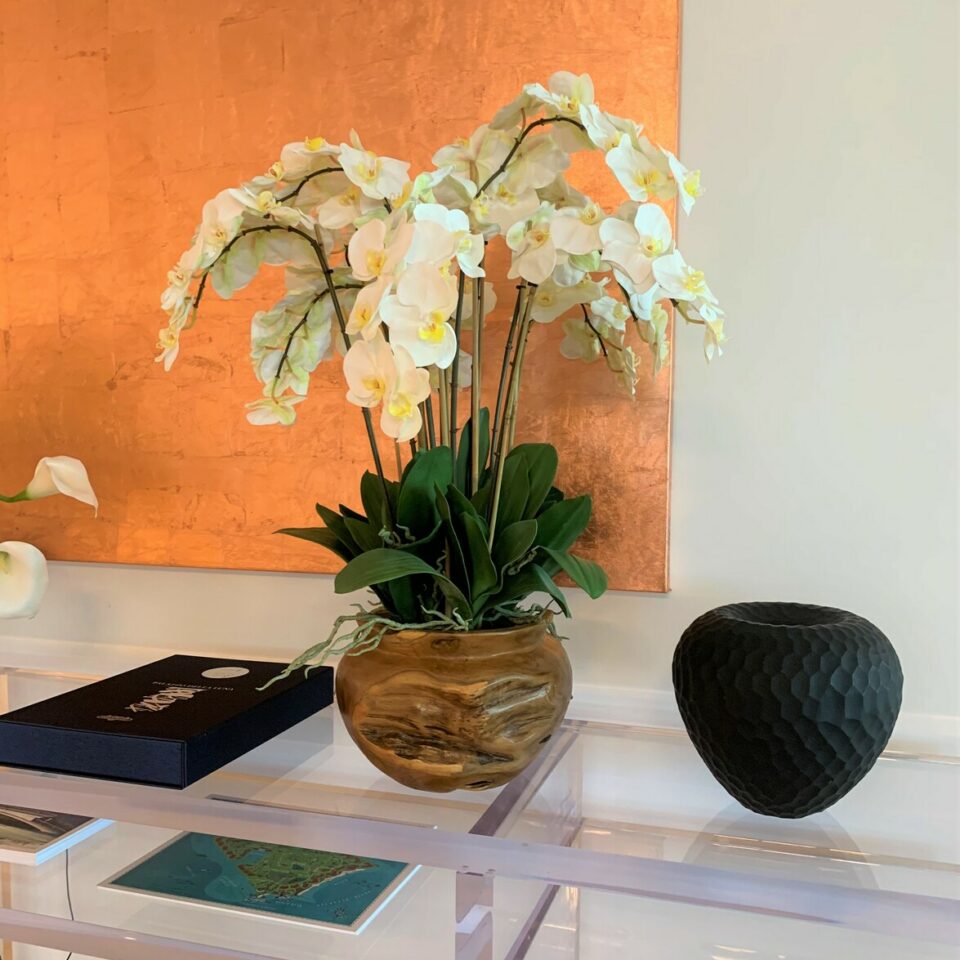 Large Teak Wood Bowl with White Orchids