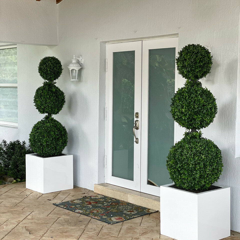 Triple Ball Topiary with Large Block Fiberglass Planter