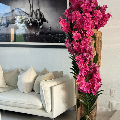 Large Teak Wood Vase with Natural Edges and Pink Vanda Orchids