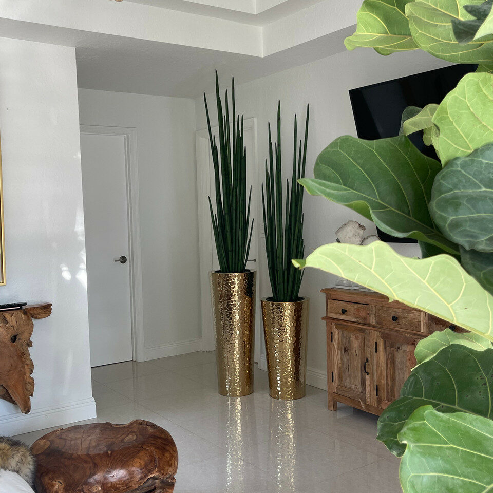 Gold Stainless Steel Cone Vase with Large Snake Grass Plant